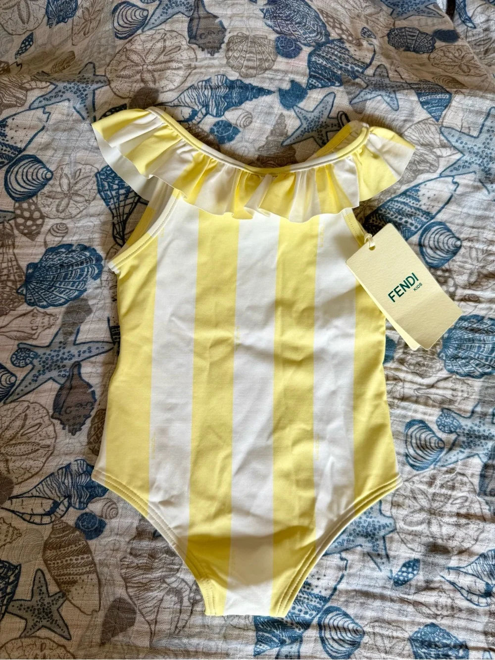 Fendi Kids Yellow & White Striped Ruffle Swimsuit Bodysuit